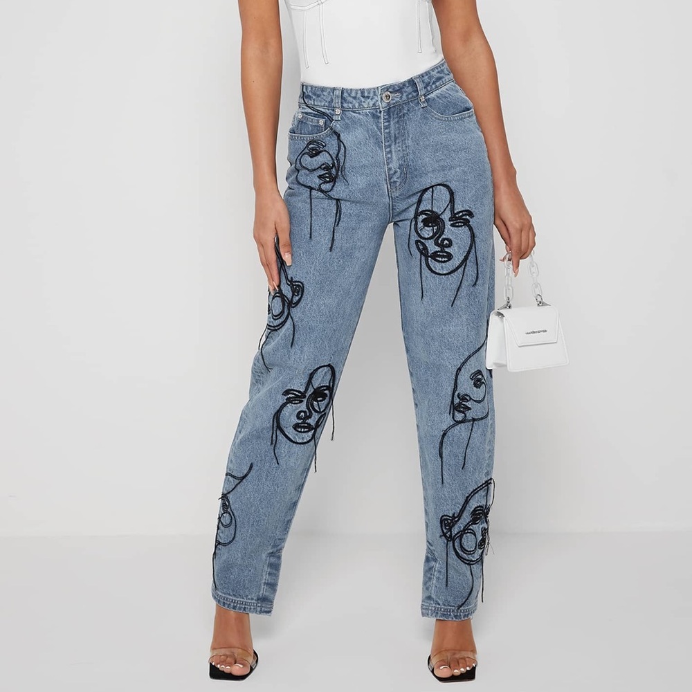 Maniere De Voir Blue Denim Boyfriend Jeans with Black Embroidered Faces
